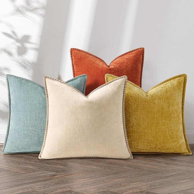 decorUhome Fall Soft Decorative Chenille Throw Pillow Covers 20x20 Set of 4 | Rust Orange Decorative Modern Farmhouse Neutral Pillow Cases with Stitched Edge for Couch Sofa Bed Living Room Home Decor