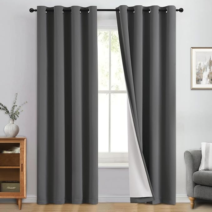 Yakamok Dove Grey 100% Blackout Curtains 84 Inches Long 50" Wide 2 Panel | Blackout Curtain Panels for Bedroom, 2 Thick Layers Grommet Top Thermal Insulated Drapes with White Back for Living Room