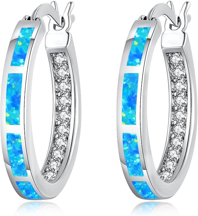 CiNily Sterling Silver/Rose Gold/Yellow Gold Plated Hoop Earrings 20mm,Multicolor Opal Small Hoop Earrings for Women Girls Hypoallergenic Jewelry for Sensitive Ears Gemstone Earrings