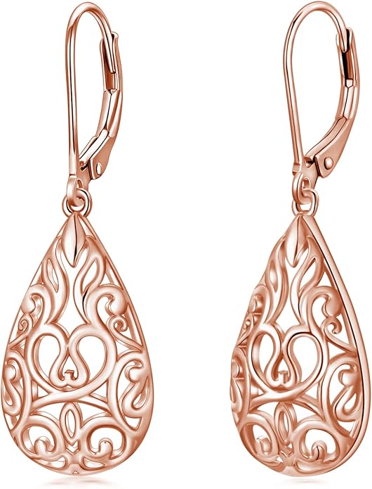 VONALA Filigree Teardrop Earrings for Women Sterling Silver Filigree Teardrop Dangle Earrings Filigree Leverback Earrings for Women Birthday Gift