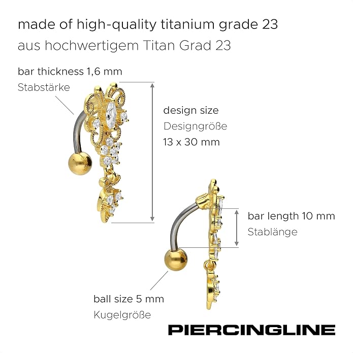 PIERCINGLINE Titanium Belly Button Piercing 925 Silver Design BUTTERFLY +PENDANT