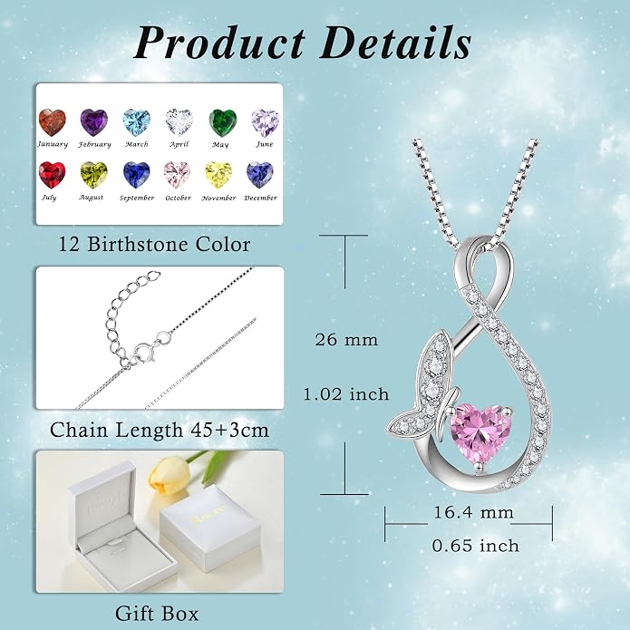 Infinity Butterfly Necklace for Women 925 Sterling Silver Heart Birthstone Created Gemstone Pendant Jewelry Gifts for Women Her
