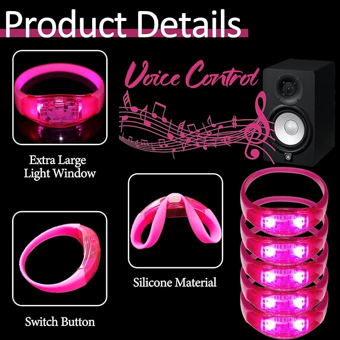 24 Pcs LED Glow Bracelets Sound Activated Bracelet Glow Bracelets with Flashing LED Strobe for Carnival,Concerts , Night Events, Rave, Game Prizes, Birthday Party Favor (pink