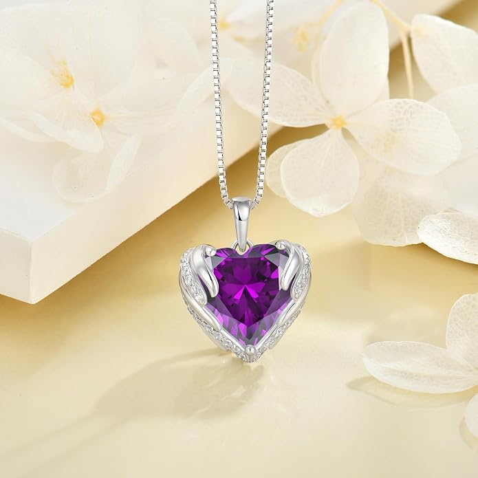 Angel Wings Necklace for Women 925 Sterling Silver Cubic Zirconia Love Heart Birthstone Pendant Necklaces
