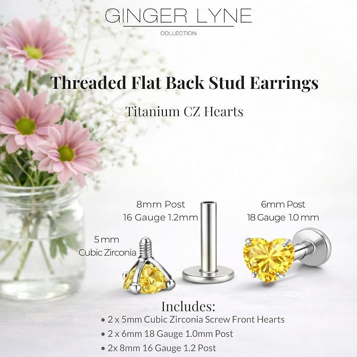 Titanium Heart CZ Labret Stud Earrings for Piercings by Ginger Lyne 6Pc Set G23 Screw Front Flat Back Body Jewelry 2 pair post 6mm, 8mm Cartilage, Helix, Tragus, Lip, Conch, Lobe