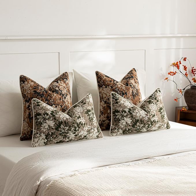 DEZENE Pack of 2 Vintage Floral Throw Pillow Covers 16x16 Boho Farmhouse Accents Chenille Square Decorative Pillow Cases for Living Room Couch Bed Home Decor, Cognac