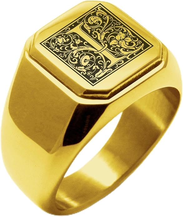 Jewelry | Stainless Steel Letter Alphabet Initial Ring | Square Flat Top Ring for Men & Women | Stainless Steel Jewelry, (Black, Gold, Silver), Size 7-16
