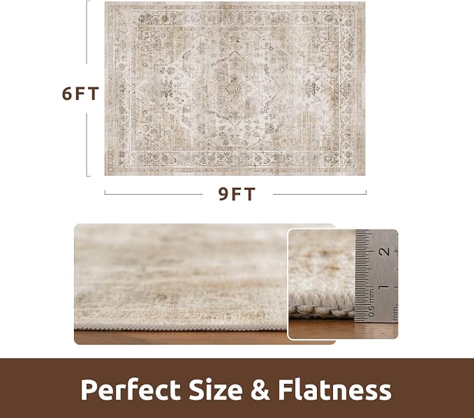 AMOAMI-Area Rug 6X9 Rugs for Living Room-Vintage Soft Beige Rugs for Bedroom-Non Slip Carpet-Machine Washable Rug for Dining Room Living Room Bedroom Office Under Table
