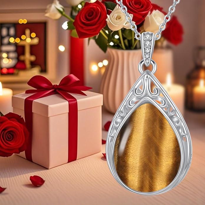 HPQQ Teardrop Necklace 925 Sterling Silver Filigree Gemstone Pendant Necklace Fine Jewelry Birthday Mother's Day Gifts for Women Her Mom