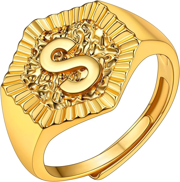 KeyStyle Bold Initial Letter Rings Adjustable, GoldChic Jewelry Women Gold Statement Ring Personalized Engraved Women’s Open Signet Ring for Party (Gold, White Gold, Black)