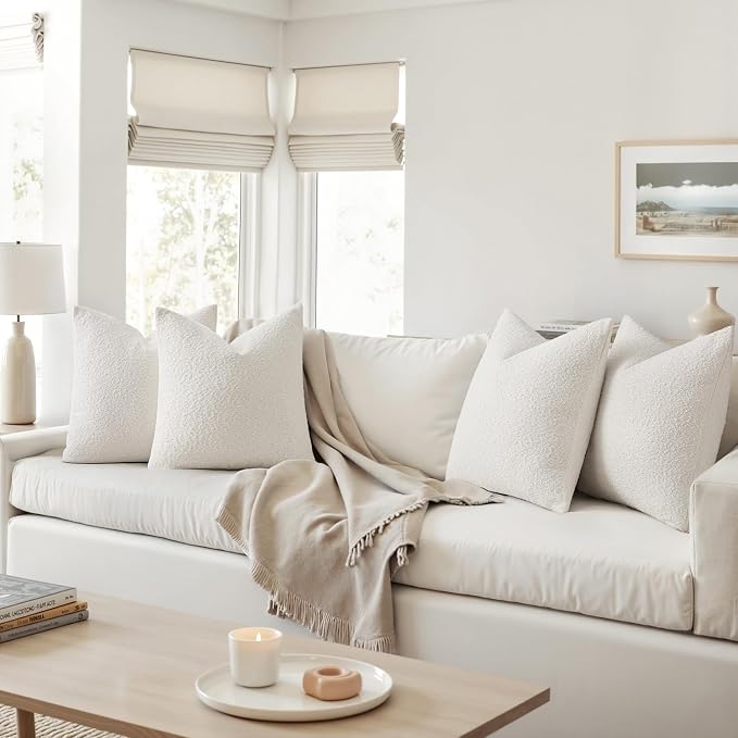 MIULEE Decorative Boucle Throw Pillow Covers 20x20 Inch White Set of 4 | Textured Accent Pillow Cases Soft Couch Cushion Covers for Modern Farmhouse Boho Sofa Bed Livingroom Home Decor