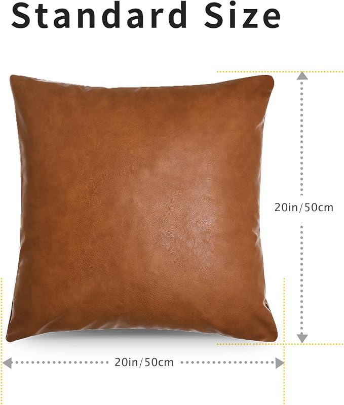 Tosewever Faux Leather Throw Pillow Covers, 20 x 20 inch Set of 2 Luxury Cognac Brown Modern Pillowcases Solid Decorative Square Cushion Cases for Bedroom Living Room Couch Bed Sofa (Brown, 20" x 20")