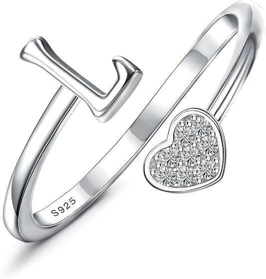 MILACOLATO 925 Sterling Silver Initial Rings for Women Teen Girl 18K Gold Plated Heart Initial Rings Adjustable Capital Letter Ring Stackable Thumb Pinky Rings for Daughter Birthday Bridesmaid Gifts Jewelry, A to Z