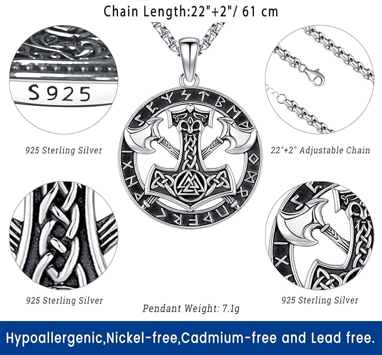Eusense Viking Necklace for Men Women 925 Sterling Silver Pendant Thors Hammer/Norse Runes/Odin's Ravens/Wolf/Dragon/Snake/Yggdrasil/Freya/Helm of Awe/Valknut/Triskelion/Axe/Shield Viking Jewelry