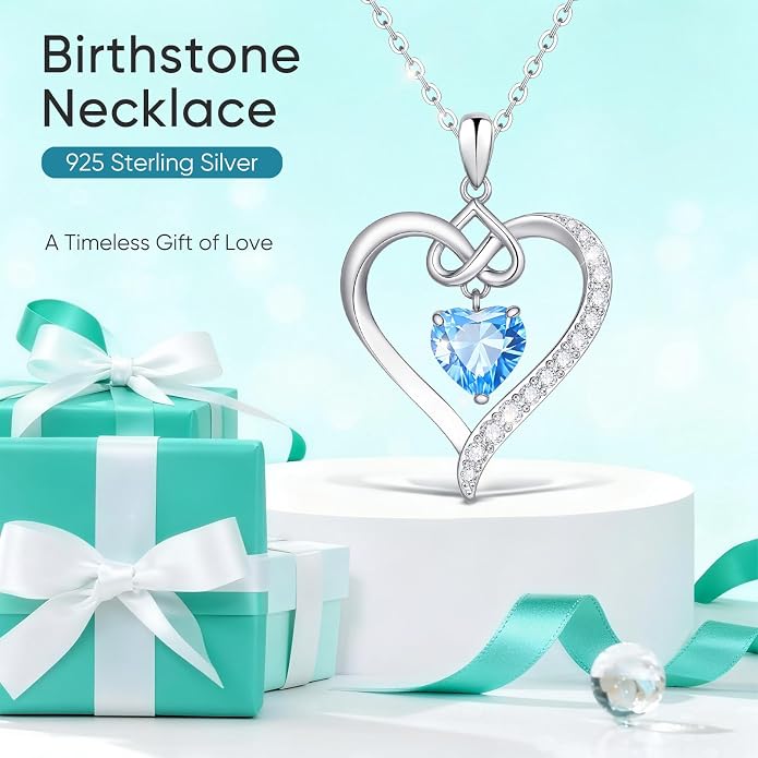 925 Sterling Silver Birthstone Heart Necklace for Women - Infinity Love Pendant with Cubic Zirconia, 12 Colors, Valentine's Day Gift for Her, 12 Months, Birthday Anniversary Christmas Jewelry Gifts