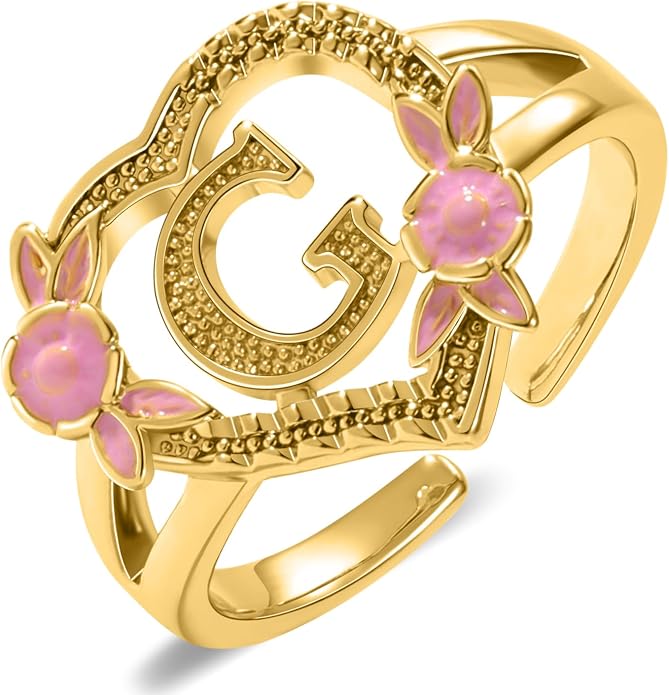 Gold Initial Rings for Women - Non Tarnish Dainty 14K Gold Plated Heart Adjustable Letter Rings for Women, Stackable Cute Thumb Pinky Fashion Open Simple Birthday Gifts Jewelry