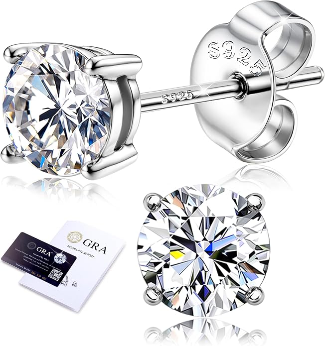 Moissanite Stud Earrings 18K White Gold Plated Brilliant Round Cut Solid 925 Sterling Silver Hypoallergenic Dainty Moissanite Jewelry for Sensitive Ear D Color VVS1 Clarity for Women Men 0.8CT-3CT