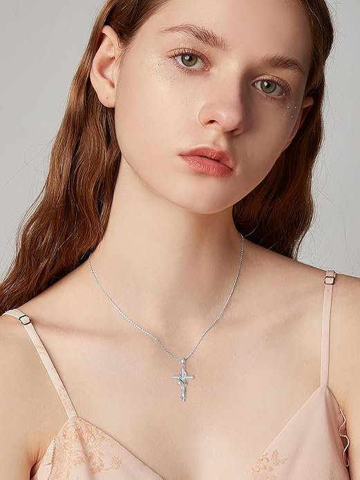 Cross Necklace for Women 925 Sterling Silver I Love You Necklace Religious Jewelry with Gift Box for Mother Daughter