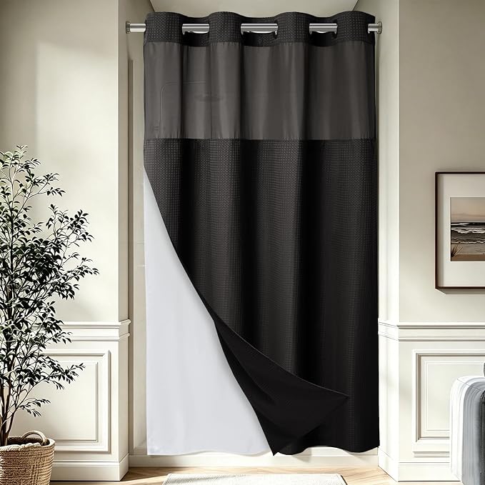 EUTXL Heavyweight Stall No Hook Shower Curtain with Snap in Liner,256GSM Waffle Weave Shower Curtains for Bathroom,54W x 74H,Black
