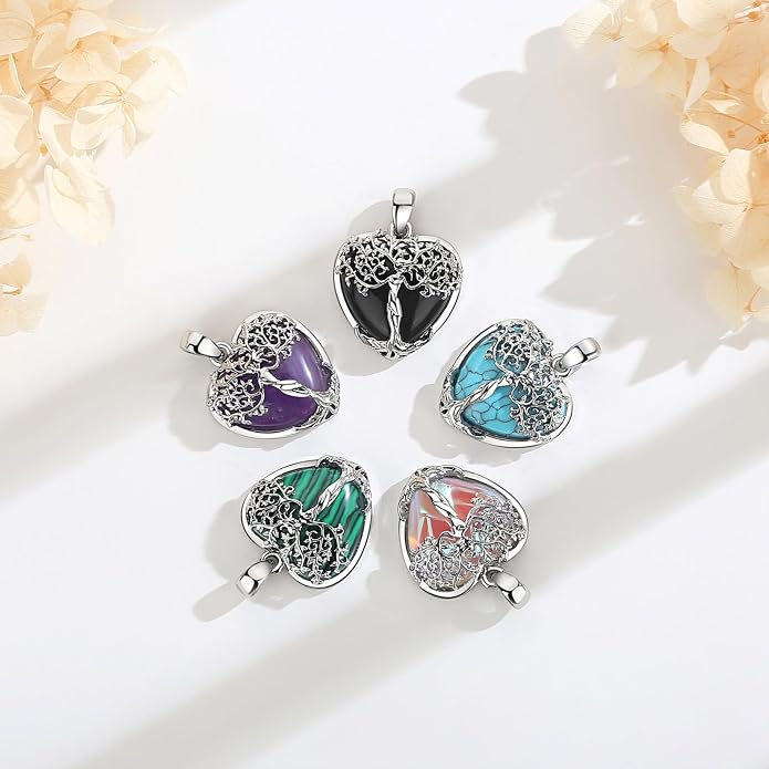 AEONSLOVE Tree of Life Necklace with Crystal for Women, Amethyst/Obsidian/Turquoise/Moonstone/Malachite Crystal Pendant Necklaces for Ladies