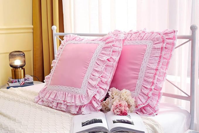 2-Pack Luxury Lace Pink Euro Shams Throw Pillow Covers Cushion Cases with Ruffles Cotton 26"X26" Zipper Closure Elegant