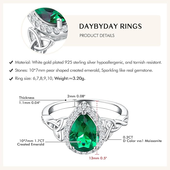 DAYBYDAY Celtic Birthstone Rings for Women 925 Sterling Silver Heart/Round/Pear/Oval Created Gemstone Moissanite Halo Engagement Promise Rings for Her Wife Birthday Anniversary Wedding Jewelry