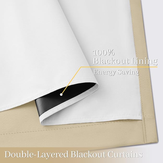 Yakamok Beige 100% Blackout Curtains 72 Inches Long for Bedroom 50" Wide | Blackout Curtain Panels for Bedroom, 2 Thick Layers Grommet Top Thermal Insulated Drapes with White Back for Living Room