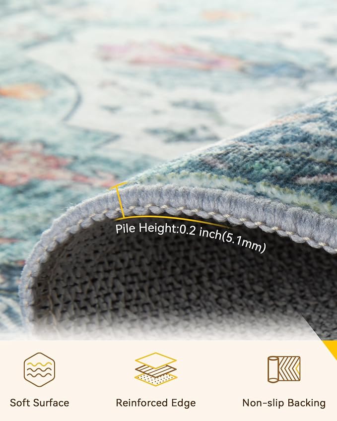 RELEANY Area Rugs Square 8ft Washable Non-Slip, Floral Vintage Distress Medallion Carpet for Living Room Bedroom Dining Room, Green Navy Blue White Red Teal