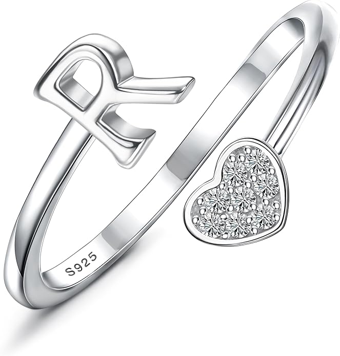 MILACOLATO 925 Sterling Silver Initial Rings for Women Teen Girl 18K Gold Plated Heart Initial Rings Adjustable Capital Letter Ring Stackable Thumb Pinky Rings for Daughter Birthday Bridesmaid Gifts Jewelry, A to Z