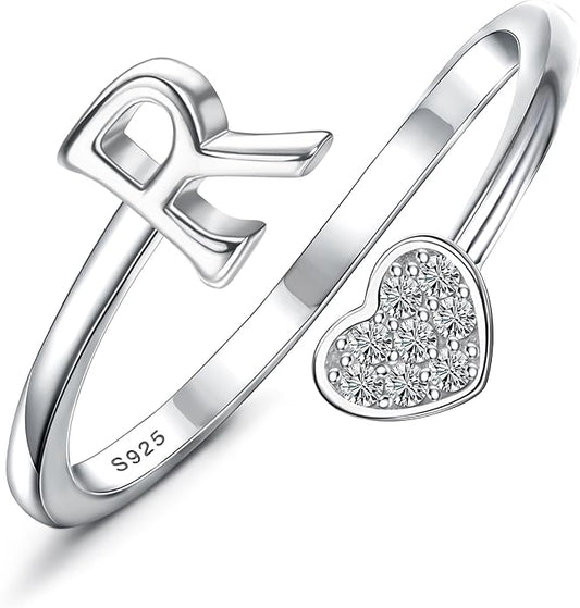 MILACOLATO 925 Sterling Silver Initial Rings for Women Teen Girl 18K Gold Plated Heart Initial Rings Adjustable Capital Letter Ring Stackable Thumb Pinky Rings for Daughter Birthday Bridesmaid Gifts Jewelry, A to Z
