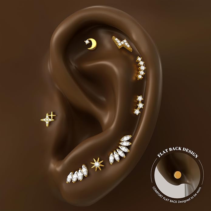 14K Gold Plated Solid 925 Sterling Silver Post Flat Back Earrings Stud | Cartilage Helix Conch Tragus Piercing Jewelry 3 Pairs Tiny Screw Dainty CZ Opal Earring Set Men Women