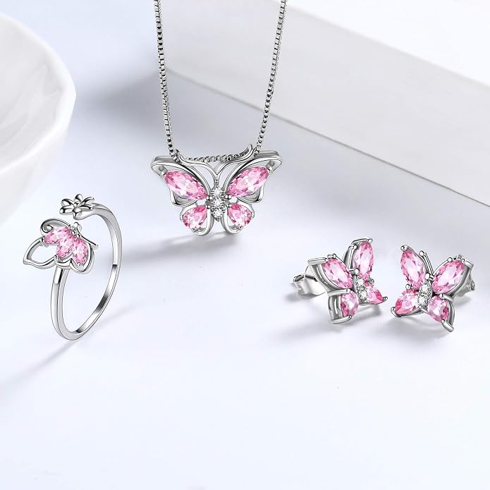 Aurora Tears Butterfly Jewelry,Women 925 Sterling Silver Butterflies Birthstone Pendant Necklace/Earrings/Rings Wedding Gift
