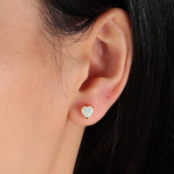 CiNily 925 Sterling Silver Stud Earrings for Women Teen, Heart Opal Stud Earrings, Dainty Cartilage Small Studs for Men, Heart Birthstone Earrings Lightweight Opal Jewelry for Mothers Day Birthday