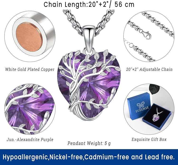 Eusense Tree of Life Necklace for Women White Gold Plated Copper Moonstone/Turquoise/Black Onyx/Crystal Birthstone Pendant Jewelry Gifts for Women Men