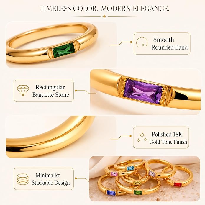 Birthstone Rings for Women, 18K gold plating stainless steel Dainty Stackable Rectangular Cubic Zirconia Birth Stone Ring To My Daughter/Mom Birthday Unique Gifts Jewelry