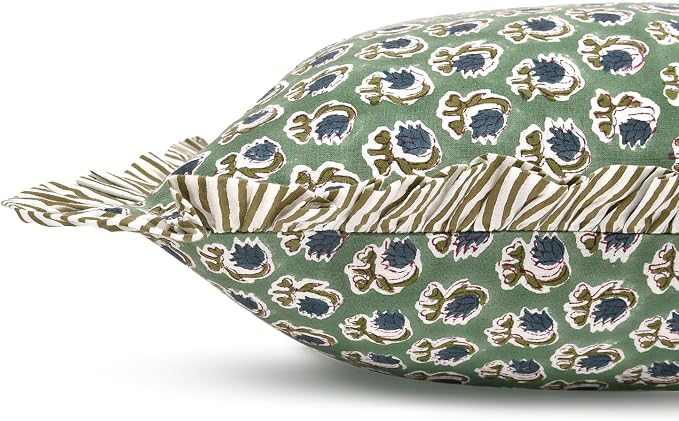Ridhi Block Print Basil Green Throw Pillow Cover 16" x 16" (Pack of 2) Decorative Cushion Covers with Ruffle for Couch, Sofa, Bed, Living Room, Home Decor Gift for Spring, Easter, Valentine