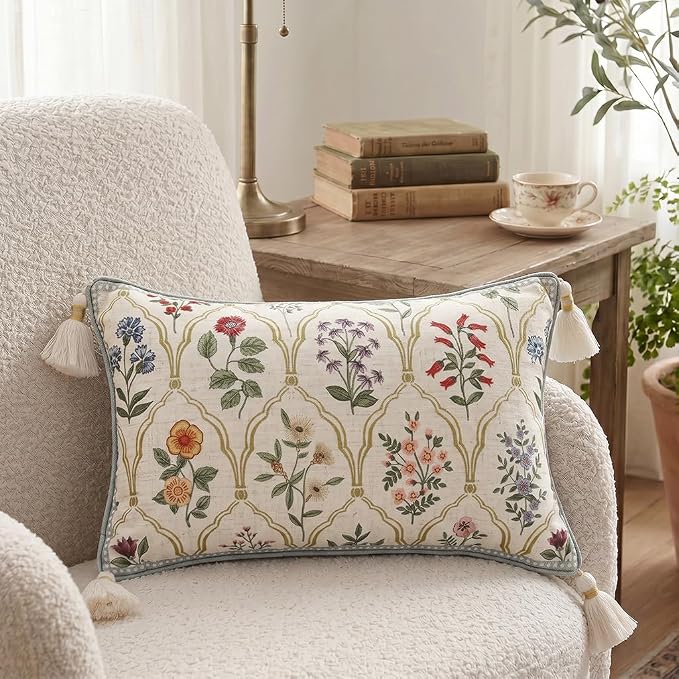 ISAENNE Designer Linen Throw Pillow Cover,Set of 2,20"x12"-Serenity B | French Elegant Rectangle Decor Pillow Cover,Concealed Zipper Design,Colorful Floral Pattern,Sofa,Bedroom,Living Room,Chair