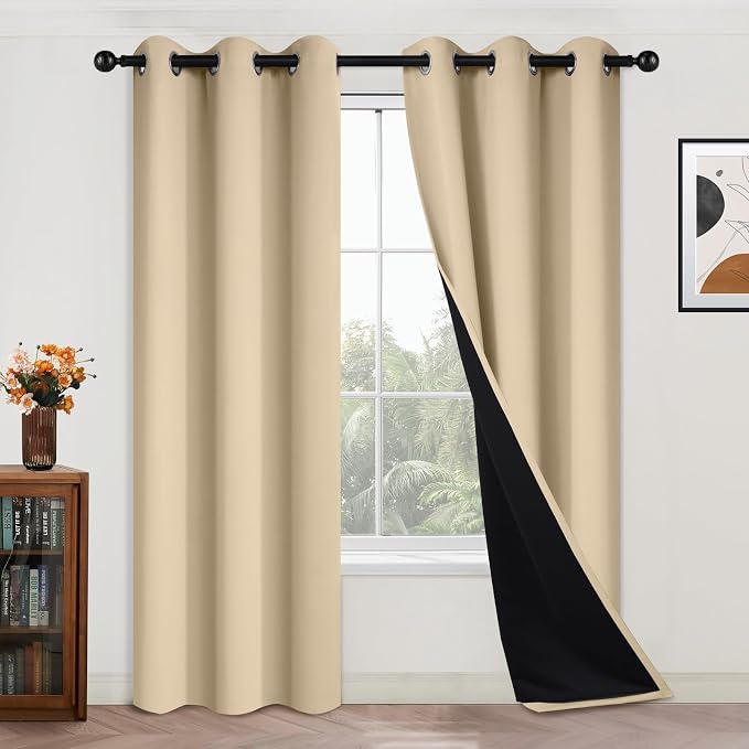 Yakamok Black 100% Blackout Curtains 84 Inches Long for Bedroom 42" Wide | Blackout Curtain Panels for Bedroom, 2 Thick Layers Grommet Top Thermal Insulated Drapes with Black Liner for Living Room
