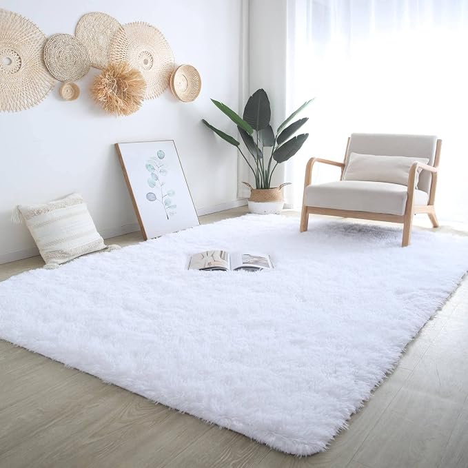 White Fluffy Area Rug 4x6 Bedroom - Ultra Soft Shag Carpet for Bedside | Pure Bright White - Perfect For Minimalist Bedrooms - Nurseries, And Christmas Photo Setups