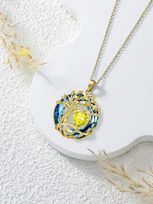 TOUPOP Tree of Life Birthstone Necklace Sterling Silver Pendant Birthstone Necklaces with Blue Crystal Anniversary Birthday Jewelry for Women Mom Wife Her
