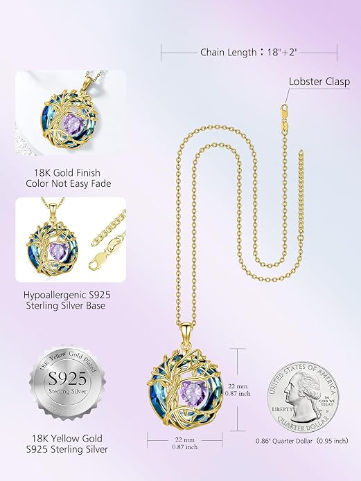 TOUPOP Tree of Life Birthstone Necklace Sterling Silver Pendant Birthstone Necklaces with Blue Crystal Anniversary Birthday Jewelry for Women Mom Wife Her