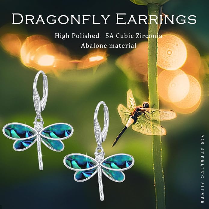 CUOKA MIRACLE Dragonfly Earrings 925 Sterling Silver Hoop Dragonfly Earrings Dangle Drop Opal Earring Dragonflies Jewelry Gifts for Women Wife