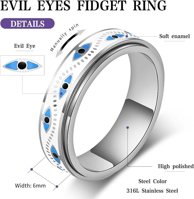 Evil Eye Fidget Ring for Women - Anxiety Relief Spinner Jewelry,18K Gold Plated Stainless Steel Turkish Ojo Turco Protection Rings Gift for Adults