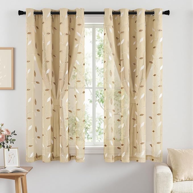 MIULEE Beige Double Layer Curtains 63 Inches Long, Leaf Patterned Sheer Floral Drapes and Blackout Room Darkening Window Curtains for Living Room Bedroom, Grommets Top, 52" W x 63" L, 2 Panels
