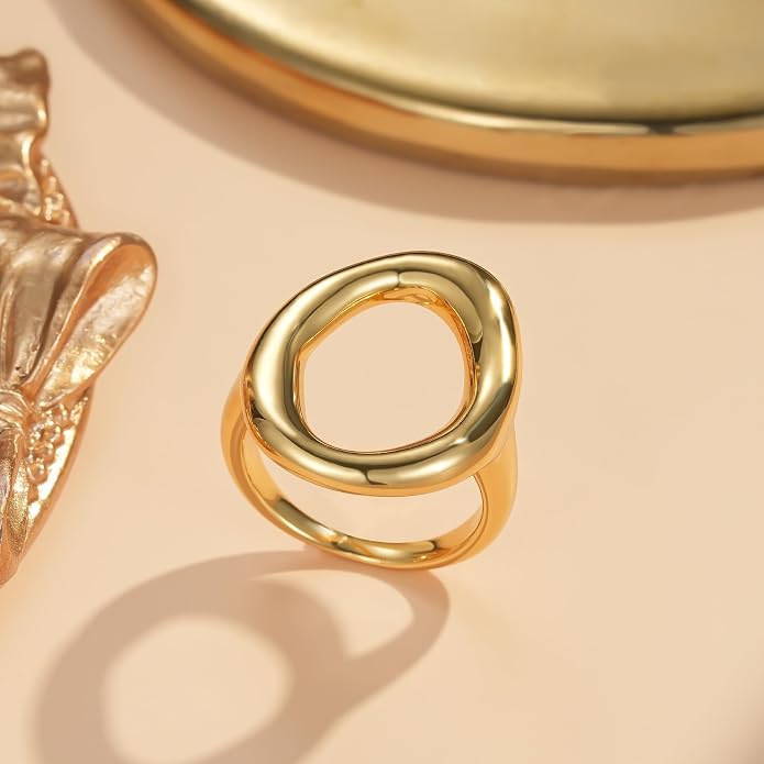 YeGieonr Gold Rings for Women Non Tarnish - 18K Gold Plated Stainless Steel Chunky Oval Statement Ring, Dainty Thick Waterproof Stackable Ring