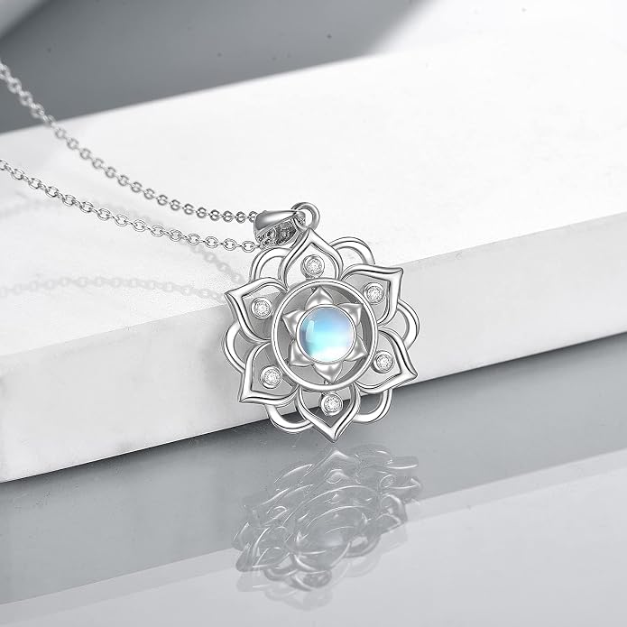 ONEFINITY Lotus Necklace 925 Sterling Silver Moonstone Pendant Necklace Yoga Lotus Jewelry for Women