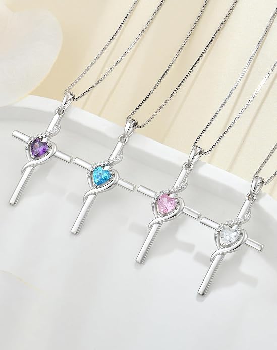 Cross Necklace 925 Sterling Silver Infinity Pendant Heart Birthstone Anniversary Jewelry for Women