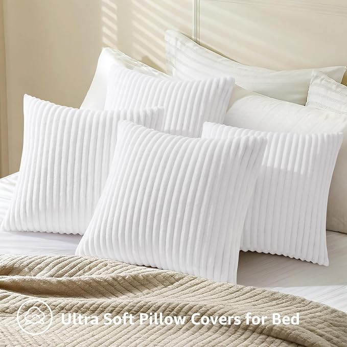 decorUhome Flannel White Throw Pillow Covers 18X18 Set of 4 | Decorative Fall Soft Fluffy Striped Double-Sided Couch Pillow Covers, Modern Farmhouse Pillow Cases for Sofa bed Home Decor