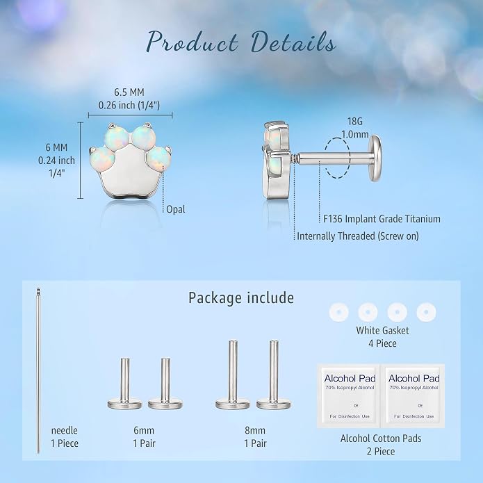 Limerencia 2Pcs 18g Titanium Internally Threaded Tragus Piercing Jewelry Nose Studs Flat Back Earrings Labret, Lip, Helix, Cartilage, Conch, Medusa Piercing for Women Men Sensitive Ears