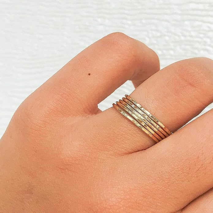 Ellie J Maui Hammered Ring, 1mm Thin Stacking Rings, Minimalist Rings for Women, 14K Gold Filled Rings for Teen Girls Midi Knuckle Pinky Finger Jewerly (Size 3-11)